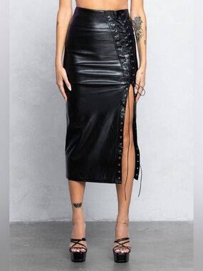 Black Faux Leather Lace-Up Midi Skirt